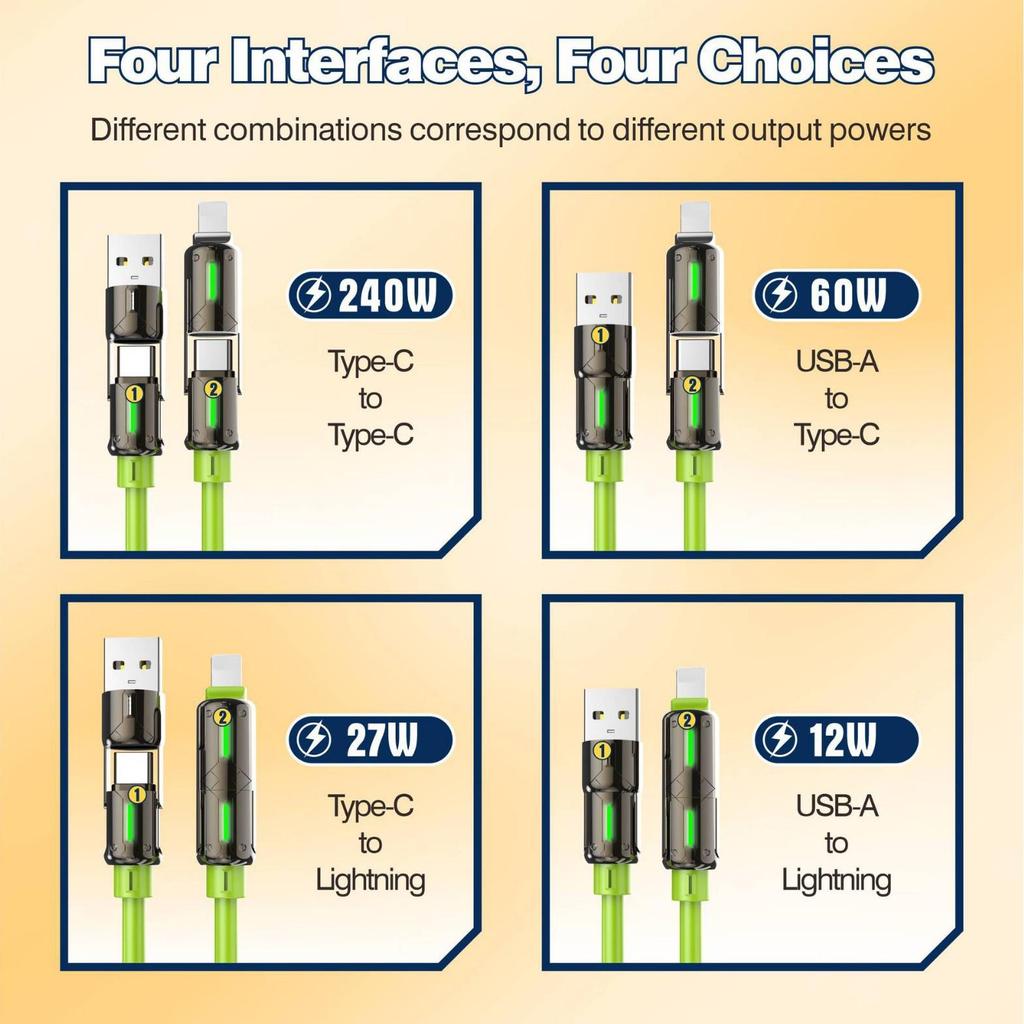 240W 4-in-1 Super Fast Charging Cable: Apple, Type-C, Huawei Compatible, Ideal for Car Use