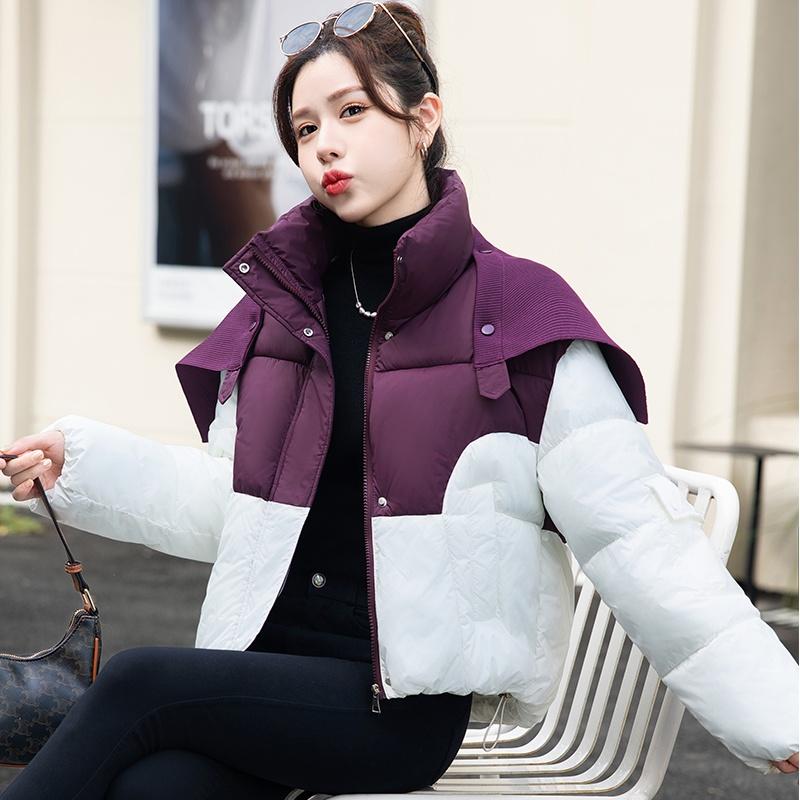 Korean Style Loose Fit Knit Poncho Collar Down Jacket with Color Block for Autumn Winter Women