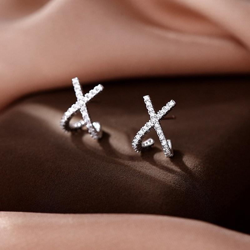 Real 925 Silver Zircon Cross Exquisite Stud Earrings For Women Classic Fine Jewelry Niche Light Accessories