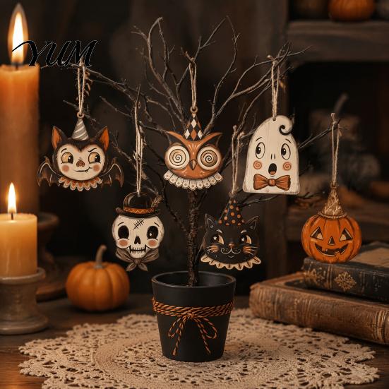 Lightweight Wooden Ornaments for Branches 6 Pcs Vintage Halloween Ornaments, Rustic Farmhouse Cat Owl Pumpkin DIY Craft Supplies Ghost Hanging