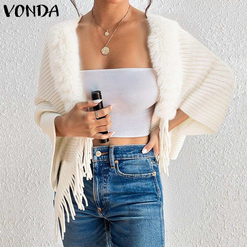 VONDA Women Long Sleeve Fluffy Tassel Splicing Open Front Casual Knitted Sweaters Cardigans