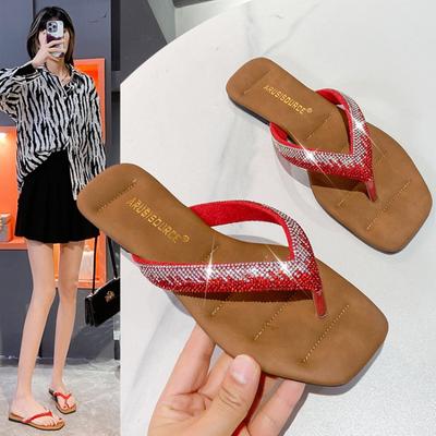 Женские тапочки на плоской подошве с застежкой на носок, женские роскошные шлепанцы с кристаллами, сандалии, лето 2024, модное платье, пляжные уличные шлепанцы, Zapatillas