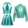 Kids Girls 3-Piece Dance Set Metallic Sleeveless Crop Top Skirt and Stand Collar Zipper Jacket