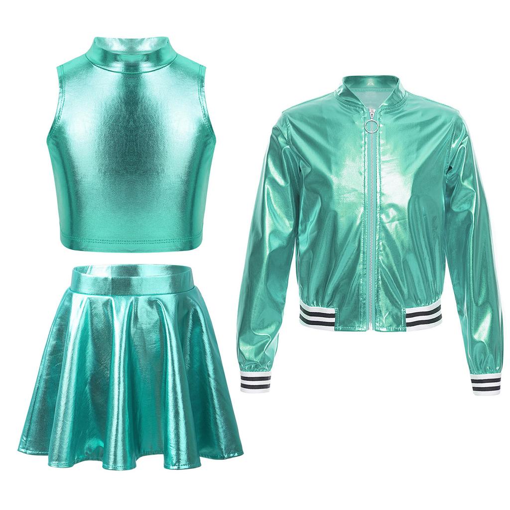 Kids Girls 3-Piece Dance Set Metallic Sleeveless Crop Top Skirt and Stand Collar Zipper Jacket