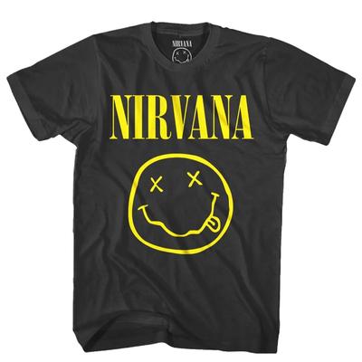 Футболка Nirvana с большим логотипом и классическим смайликом 90-х Гранж Рок Винтажная Черная Унисекс Оверсайз Черные Оверсайз Футболки для Женщин и Мужчин
