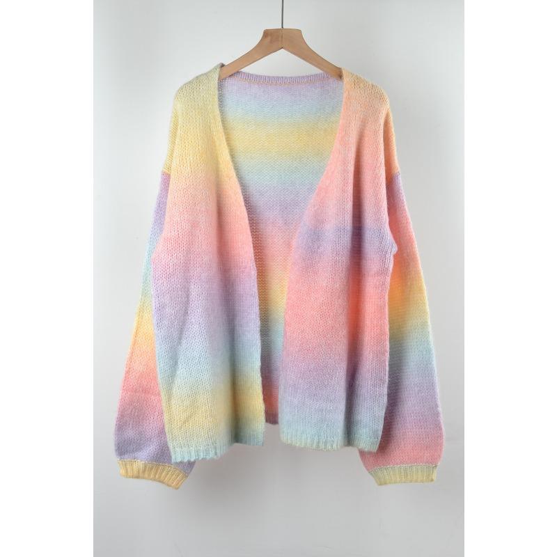 Autumn and Winter New Rainbow Patchwork Cardigan, Versatile and Fashionable Sweater, Knitted Coat, Top for Women