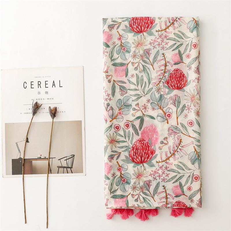 2024 Four Seasons Хлопок и конопляная текстура шарф, маленький свежий розовый растительный цветок кисточка шелковый шарф, теплая шаль для женщин