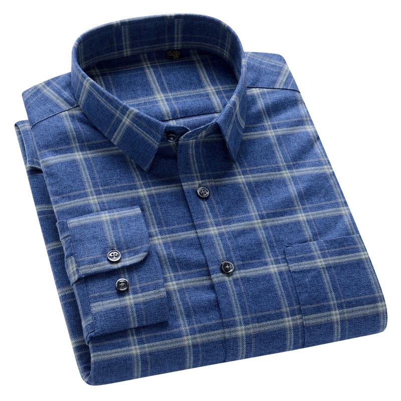 100% Cotton Flannel Men Leisure Shirts Business Long Sleeve Spring Autumn Casual Male Plaid Shirt with Pocket Regular Fit