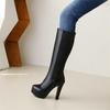 Модные зимние женские высокие сапоги на платформе, черные сапоги до колена, высокие каблуки, широкая посадка, на молнии, длинные, высокие, женские, большой размер 45 48