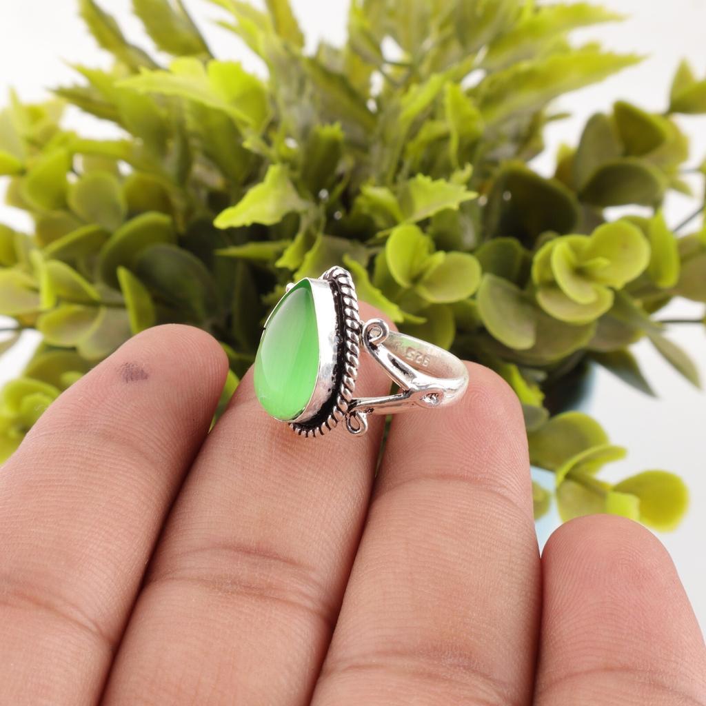 Green Cat's Eye Gemstone 925 Sterling Silver Jewelry Handcrafted Designer Ring RR-57-41