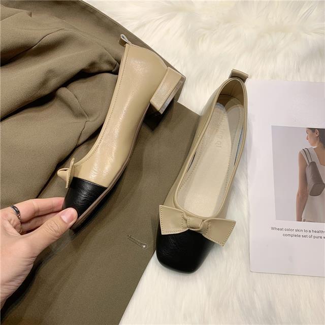 Fashion Women Ballet Flats Shoes Two Color Splice Bow Round Flats Shoes Fashion Low Heel Shallow Female Ladies Square Heel Single Shoes