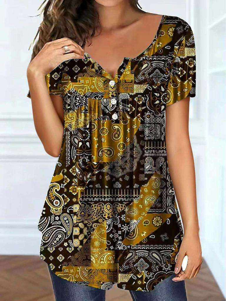 Элегантный топ большого размера с V-образным вырезом и узором пейсли для женщин - Весна/Лето