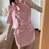 Women's Irregular Pink Plaid Bow Halter Dress - Slimming Sexy Bodycon Mini Skirt
