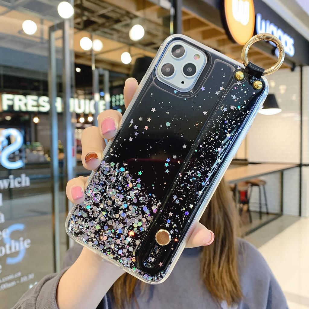 Блестящие Звездные Пайетки Ремешок на Запястье Подставка Чехол Для iPhone 16 15 14 13 12 11 Pro Max Plus Mini XS XR X 87 Прозрачный Силиконовый Чехол