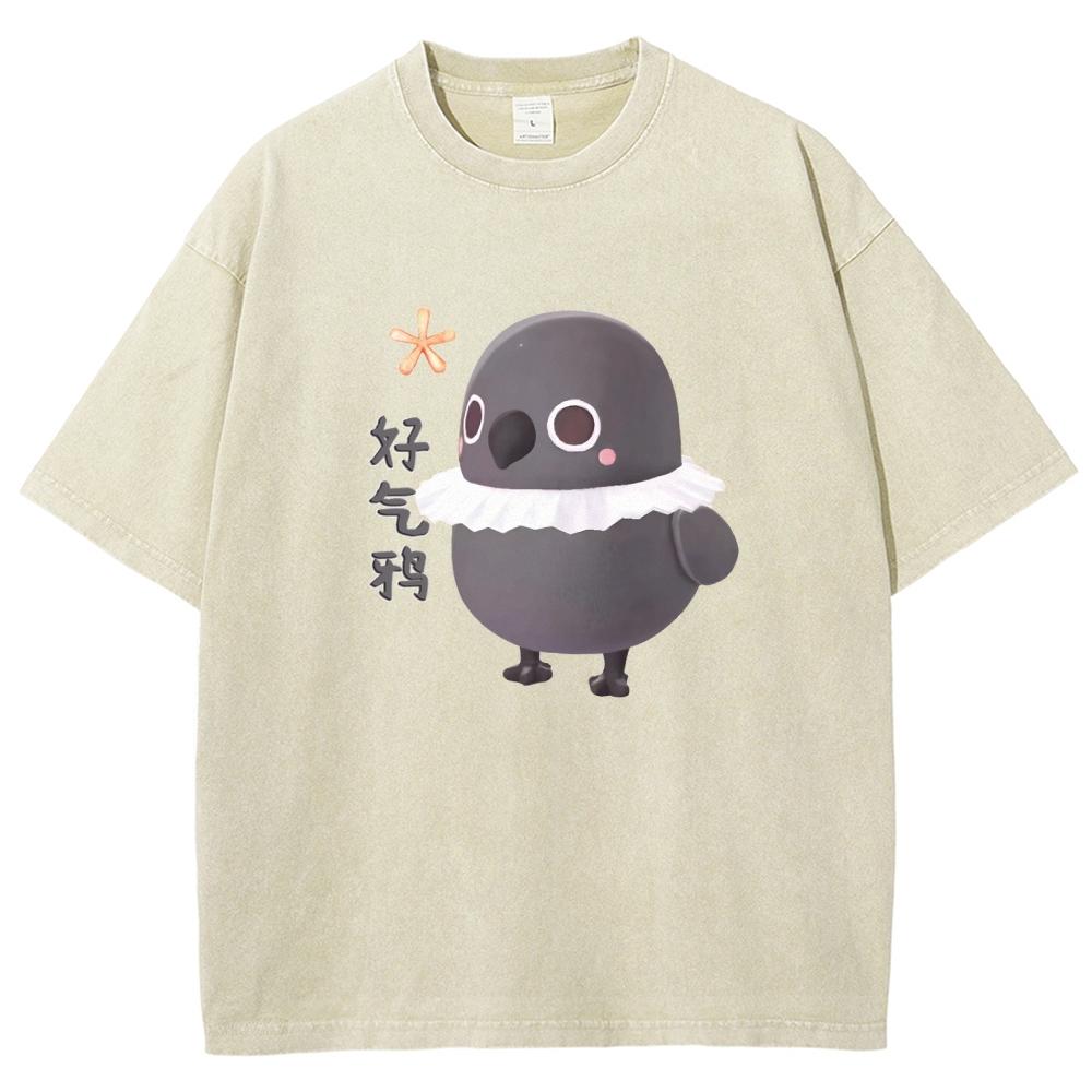 Cute Casual Style Cartoon Black Chick Print Ladies T-Shirt Loose Wash Cotton Short Sleeve Fashion Design Top
