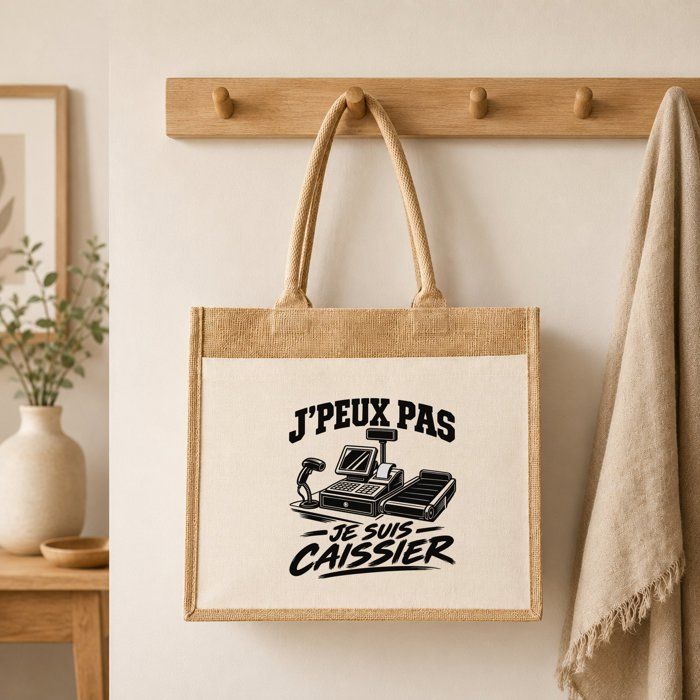 Sac Cabas Jute avec Poche J’peux pas je suis Caissier J'peux pas minimaliste | Toile de Jute et Coton 21 L Fond Plat Anses 65 cm
