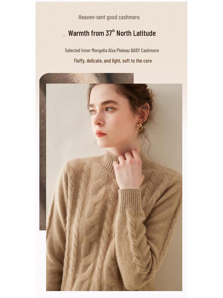 Женский кашемировый пуловер кабельной вязки - Полувысокий воротник, Длинный рукав, Однотонный, Теплый и повседневный базовый слой