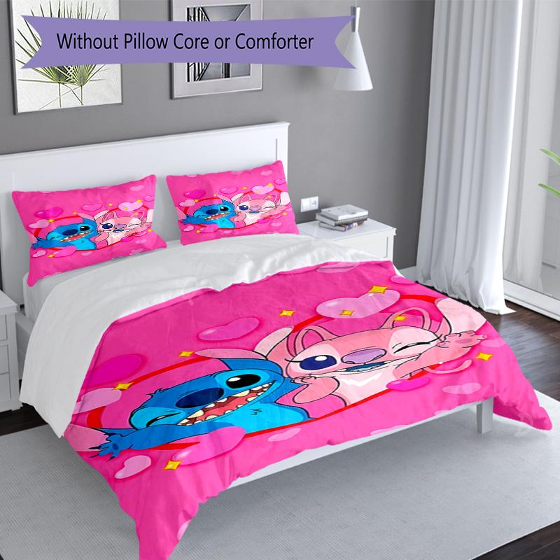 Stitch Adventure Flowers Bedding Set,Breathable Duvet Cover with Pillowcases,Soft Bed Linen for Bedroom Home Decoration,Perfect Festival Birth