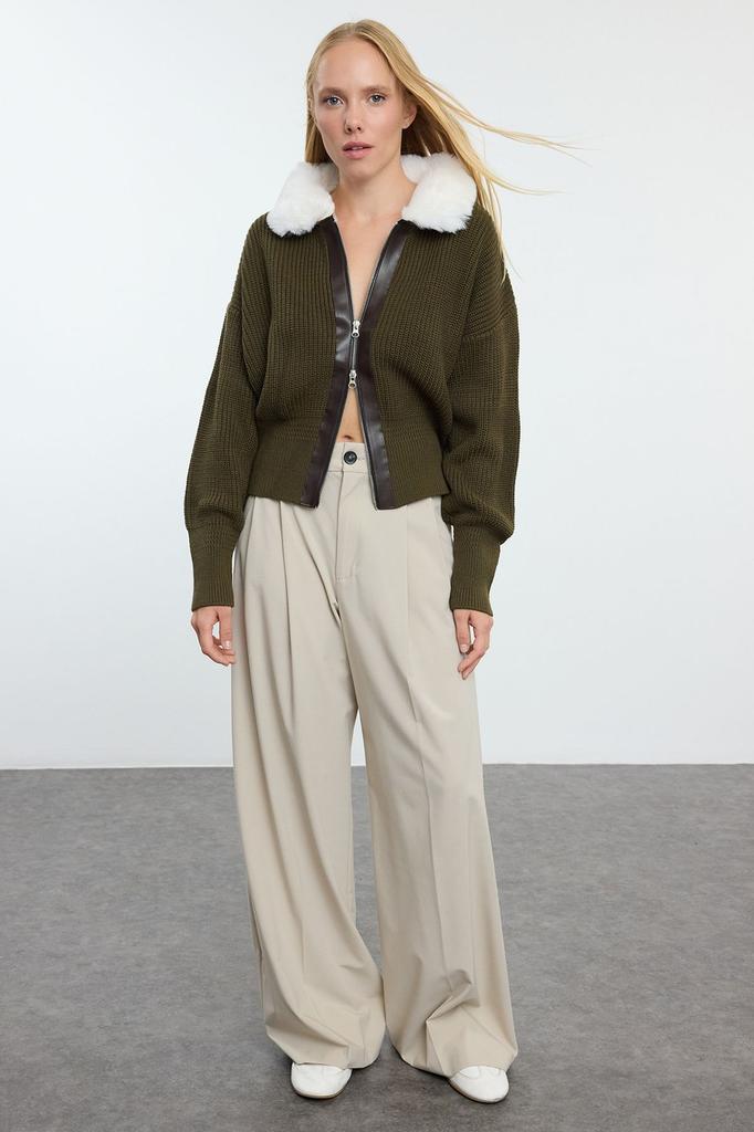 Женский элегантный кардиган с каменным мехом, кожаное пальто с подробной молнией, трикотаж, кардиган