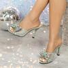 Liyke Brand Design Color Crystal Pearl Bowknot High Heels Slippers Lady Mules Summer Shoes Women Party Dress Sandals Size 43