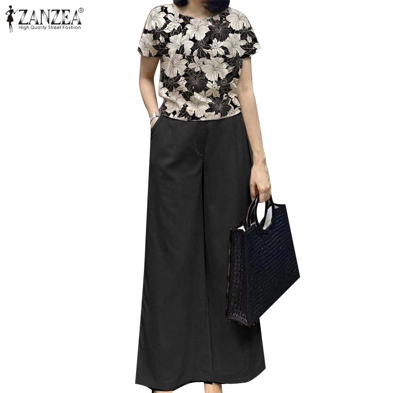 ZANZEA Женская блузка с принтом и широкие брюки, повседневный комплект из двух предметов