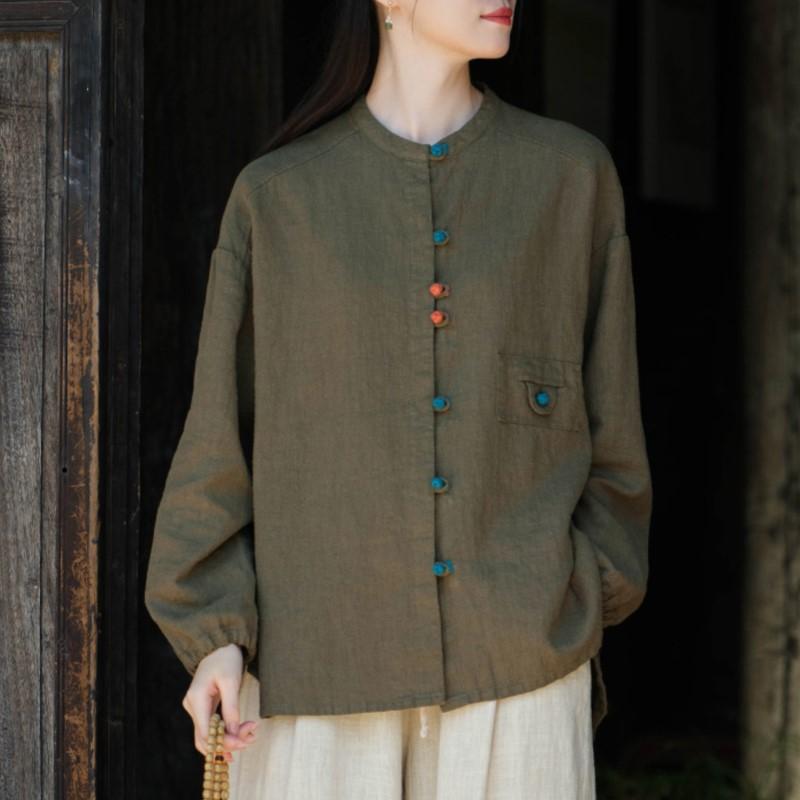 Johnature Women Chinese Style Shirts Tops Button Long Sleeve Autumn Blouses Patchwork Vintage Stand Shirts