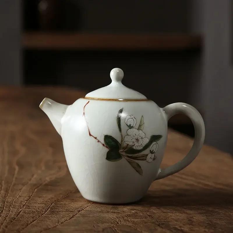 200ml Traditional Ru Kiln Ceramic Teapots Handmade Flower and Bird Pattern Tea Pot Household Travel Kettle Chinese Tea Set
