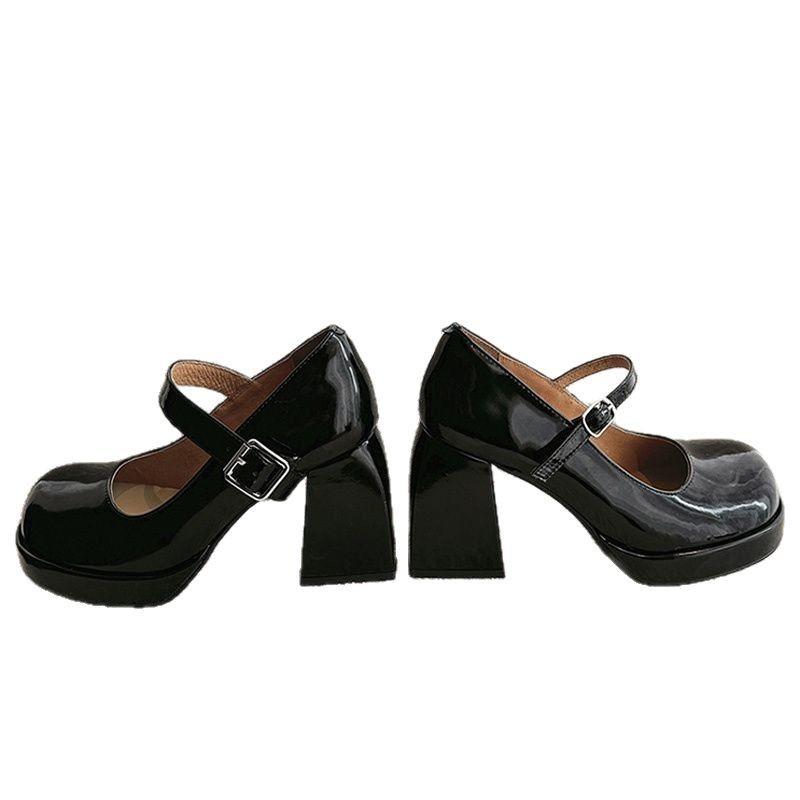 Весенние и осенние черные туфли Мэри Джейн женские на толстом французском каблуке с круглой головкой и пряжкой в виде одного слова и туфли Мэри Джейн на высоком каблуке