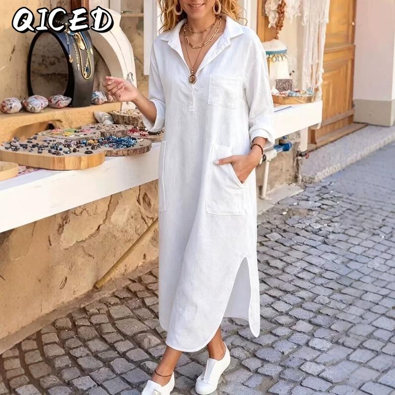 QICED Модные летние весенние однотонные с принтом платья с V-образным вырезом с длинным рукавом повседневные