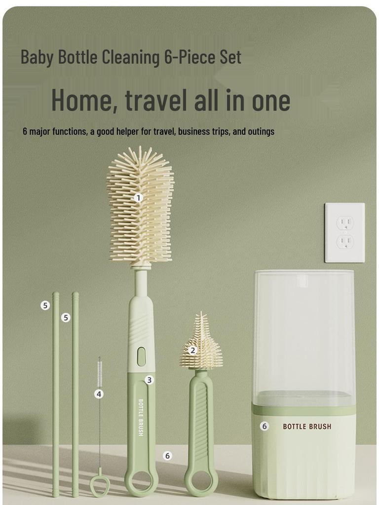 Travel Baby Bottle Brush Set with Silicone Nipple Brush, Draining Rack, Straw & Crevice Brushes