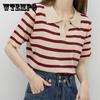 Полосатый вязаный свитер с воротником-поло, короткий стиль, универсальная футболка с короткими рукавами, женский топ Xia Bingsi, высококачественный женский топ с лацканами