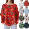 Women's Fashionable Casual Christmas Print V-Neck Long-Sleeved Button-Down Blouse