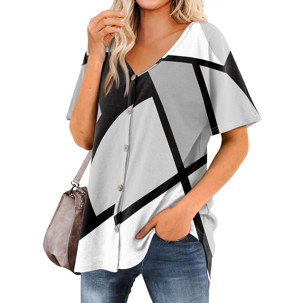 Женская футболка Футболка с принтом Женские рубашки V-образный вырез с короткими рукавами Туника на пуговицах Топы Блузка