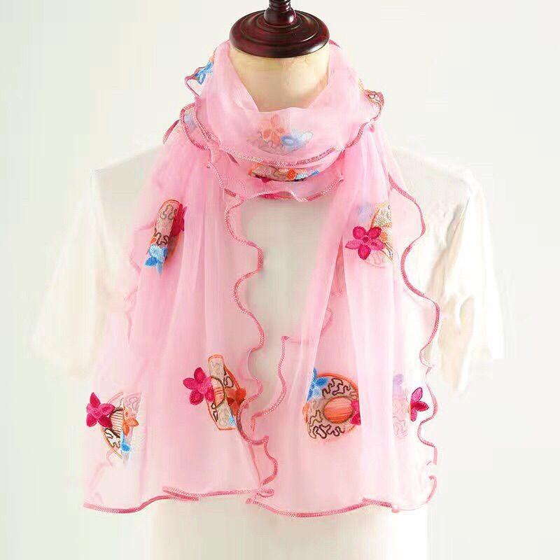 Lotus Leaf Edge Embroidered Wrapped Scarf Women's Long and Versatile High Elasticity Embroidered Scarf Silk Scarf