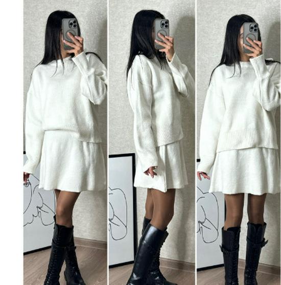 Осенний однотонный повседневный вязаный костюм-юбка в студенческом стиле для женщин 2024