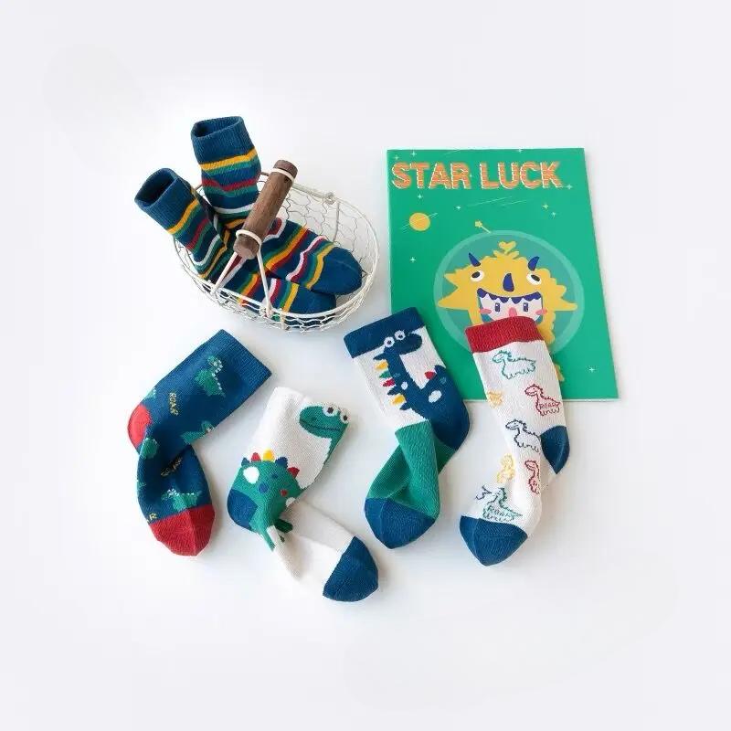 5Pairs Girl Mid-tube Socks Autumn Winter New Style Children's Socks Mid-high Long Dinosaur Cartoon Design Boys Girls 1-14Years