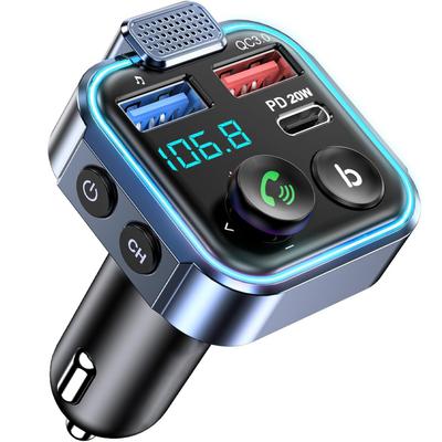 Быстрое автомобильное зарядное устройство с FM-передатчиком Bluetooth 5.3 - USB-C PD и QC3.0 для iPhone/Samsung
