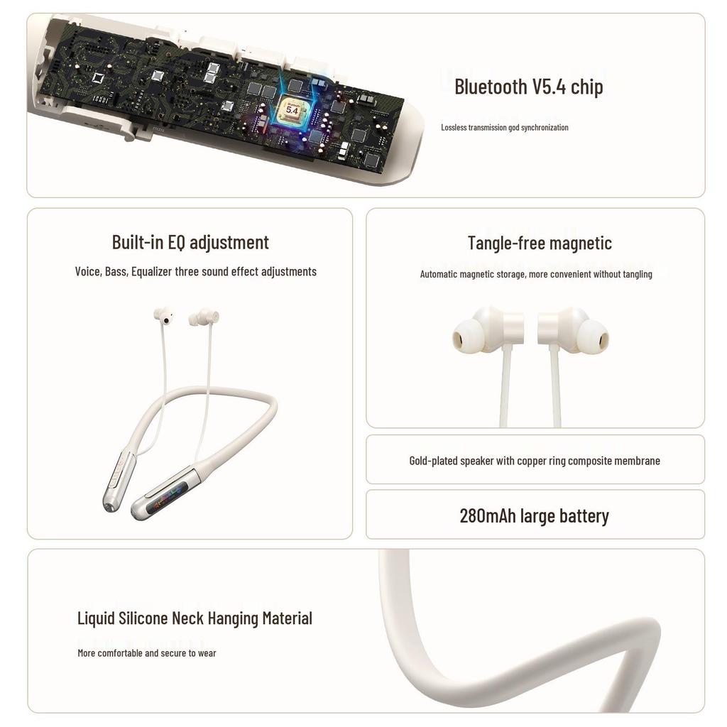 258 Bluetooth-наушники с шейным ободком, магнитной фиксацией, цифровым дисплеем, низкой задержкой, долгим временем работы от аккумулятора и высоким качеством звука.