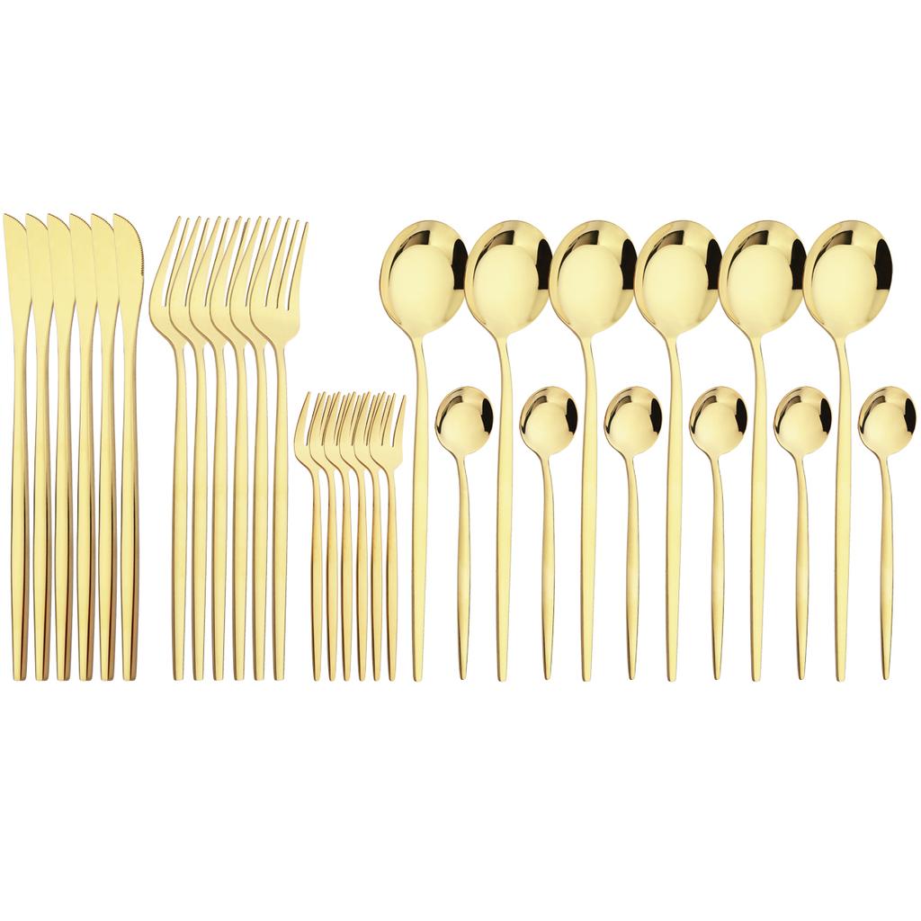 30Pcs Red Gold Dinnerware Set Western Stainless Steel Cutlery Knife Cake Forks Tea Spoon Flatware Silverware Kitchen Tableware
