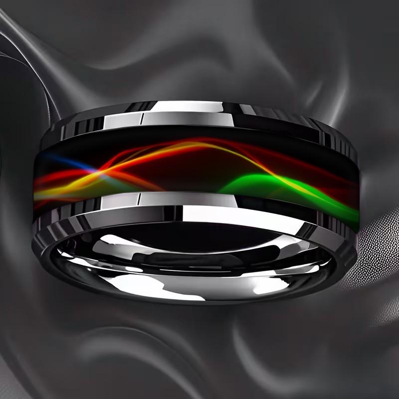 Fashion Men Stainless Steel Rings, 8mm Cyberpunk Rainbow Aurora Grain Inlay Rings for Men High Polished Wedding Bands Jewelry