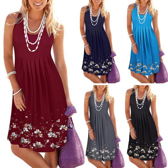 Женское летнее платье без рукавов с плиссировкой и цветочным принтом, с круглым вырезом, без рукавов, с широким подолом, повседневная одежда