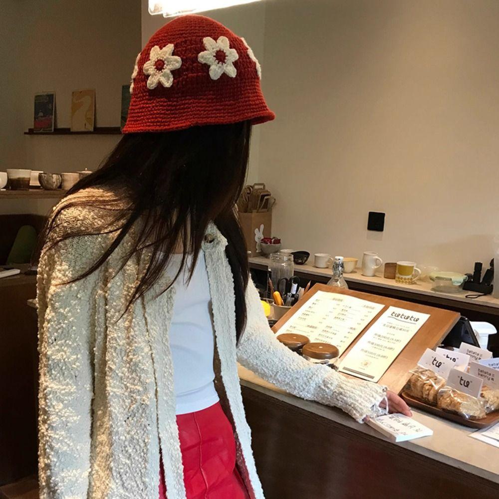 Korean Style Crochet Flower Knitted Hat Sweet Bucket Hat Cute Beanies Hat  Girls