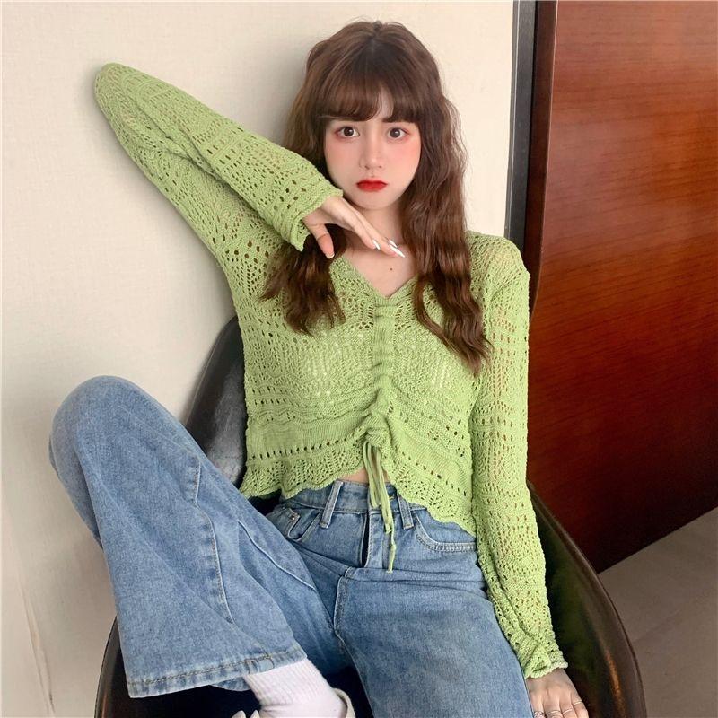 Женские вязаные топы в корейском стиле, весна-лето, свободные плиссированные короткие топы ярких цветов с v-образным вырезом и завязками