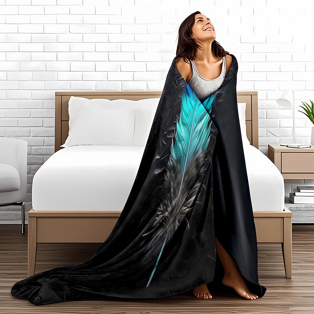 Gradient Blue Feather Pattern blanket with Black Background Style. blanket, suitable for use in the bedroom, living room, on the sofa