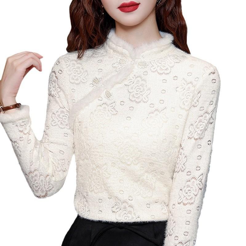 Женская базовая рубашка с воротником-стойкой Новая Осень и Холодный Сезон Диагональная планка Женская одежда Теплый Бархат Утолщенный Внутренний Топ