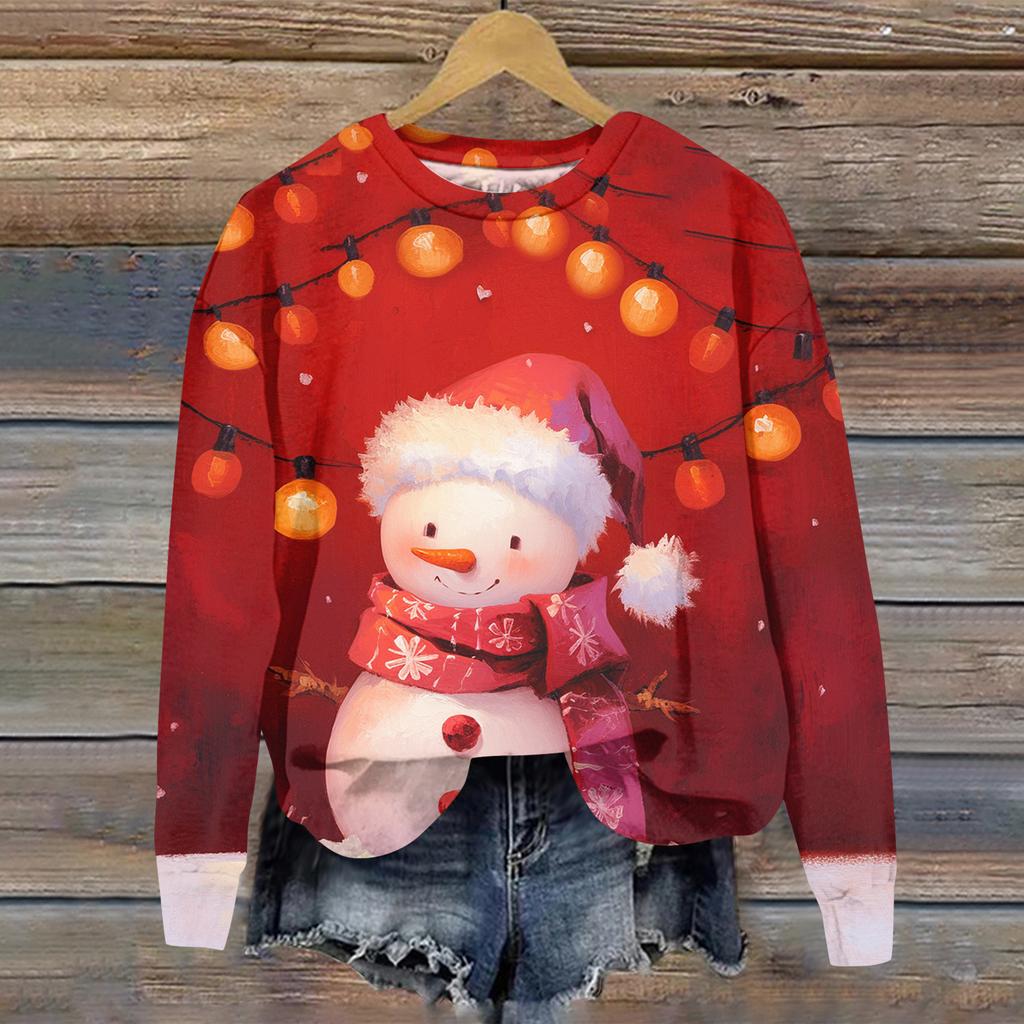 Женская толстовка с рождественским принтом, с длинным рукавом и круглым вырезом, свободный топ