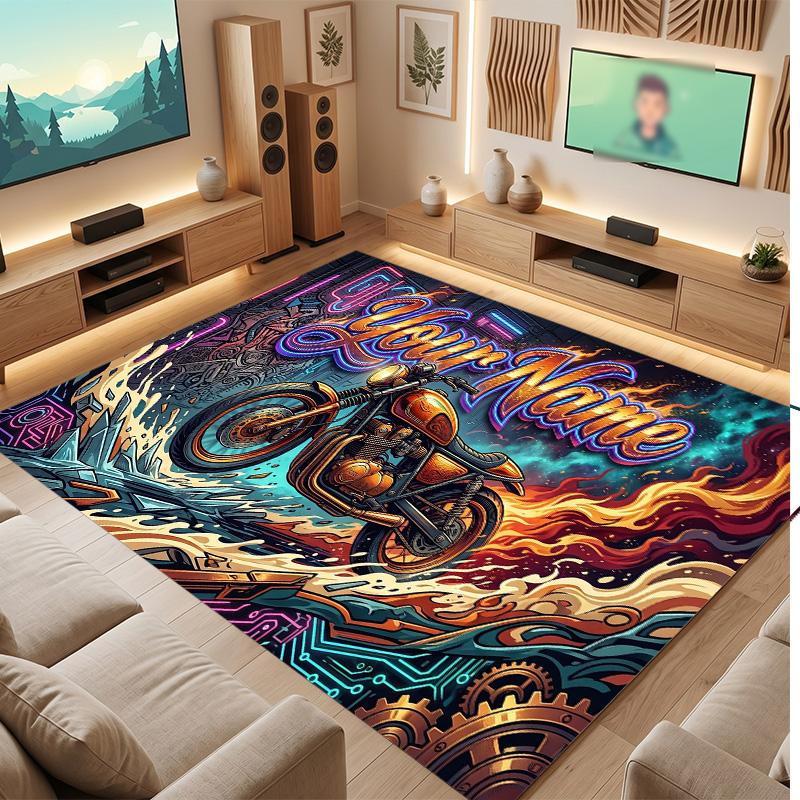 Motorcycle Biker Theme Soft Crystal Velvet Rug Custom Name & Text Print Non Slip Floor Rug for Bedroom Living Room