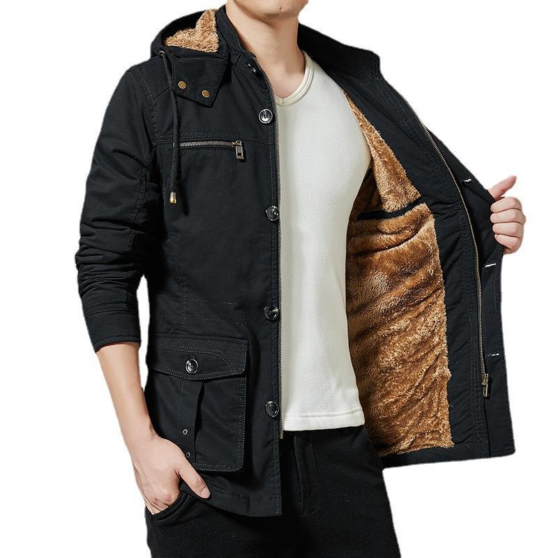 Новая осенне-зимняя мужская куртка средней длины, ветровка из чистого хлопка с капюшоном, деловая повседневная верхняя куртка большого размера, утолщенная бархатная куртка