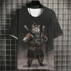 Cat Samurai Pattern T Shirt For Men Trendy Animal 3D Printed Tees Casual Short Sleeve Oversized Street T-Shirts Round Neck Tops