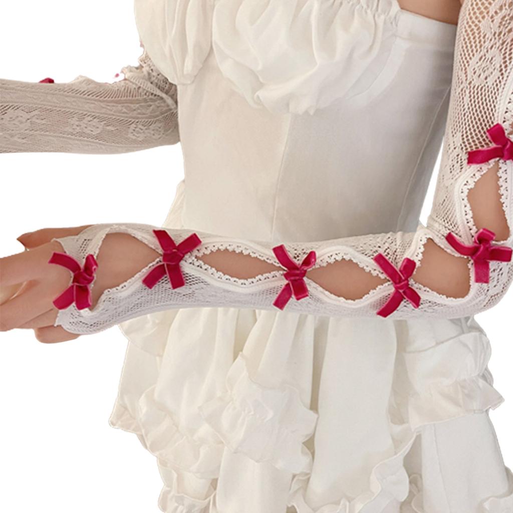 Sweet Fingerless Gloves Long Sleeve Balletcore Arm Sleeves Laciness Arm Warmers with Bows Elbow Length Gloves